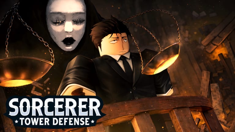Sorcerer Tower Defense Justice Sorcerer character standing on cursed golden scales