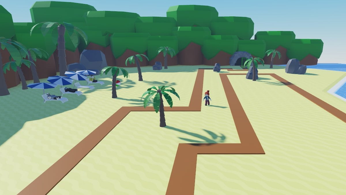 In-game Sorcerer Tower Defense beach map with a winding dirt path and palm trees